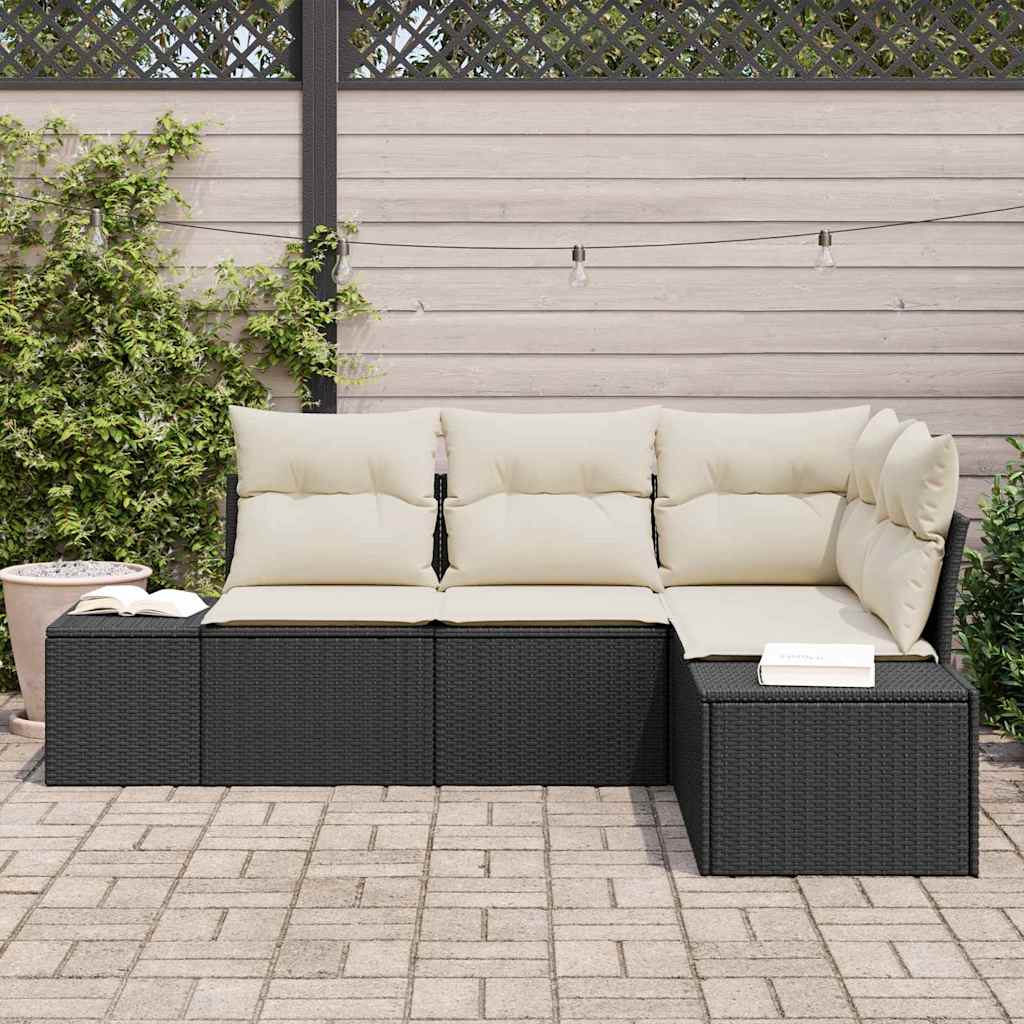Garten-Sofa-Set mit Kissen mit Speicher 4 pcs Schwarz und Creme